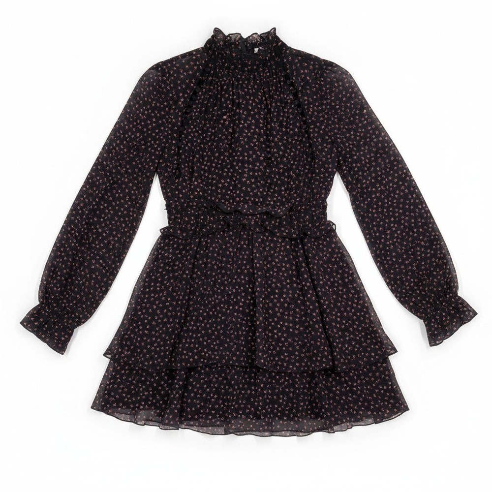 Nicholas Silk Georgette Mini Dress Black Floral Ruffle Belted Sheer Mock Neck 6